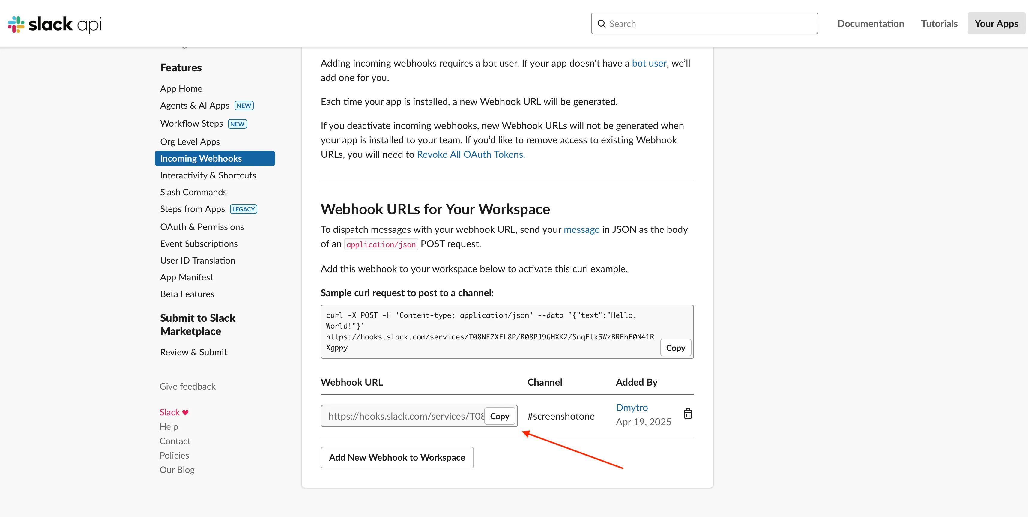 Copy webhook URL