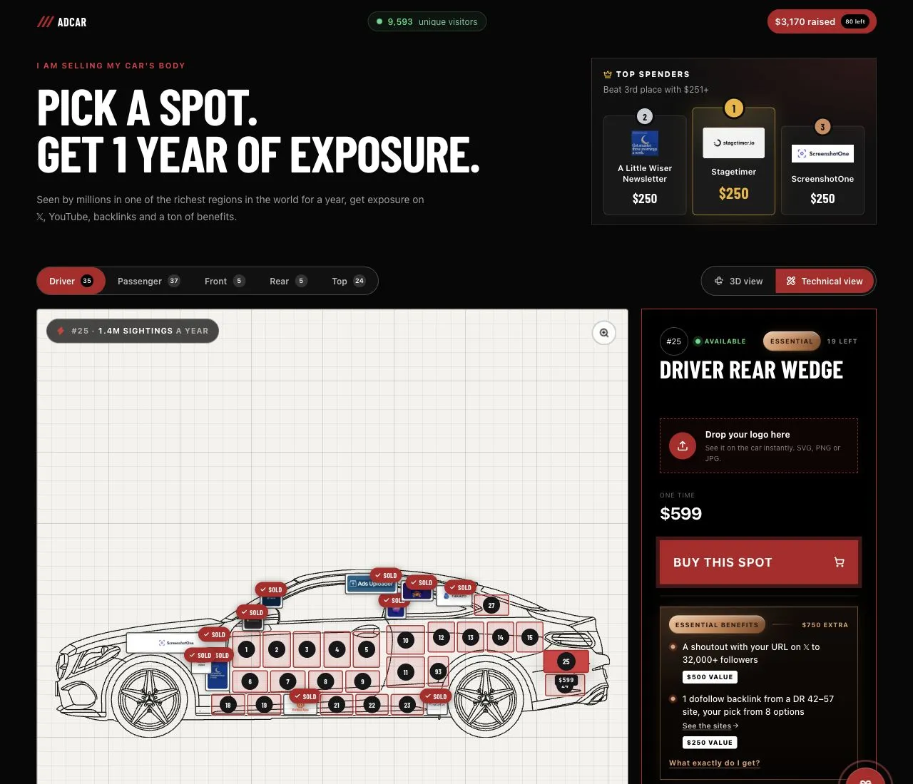 AdCar's website showing its car advertising placements and ScreenshotOne's $250 sponsorship