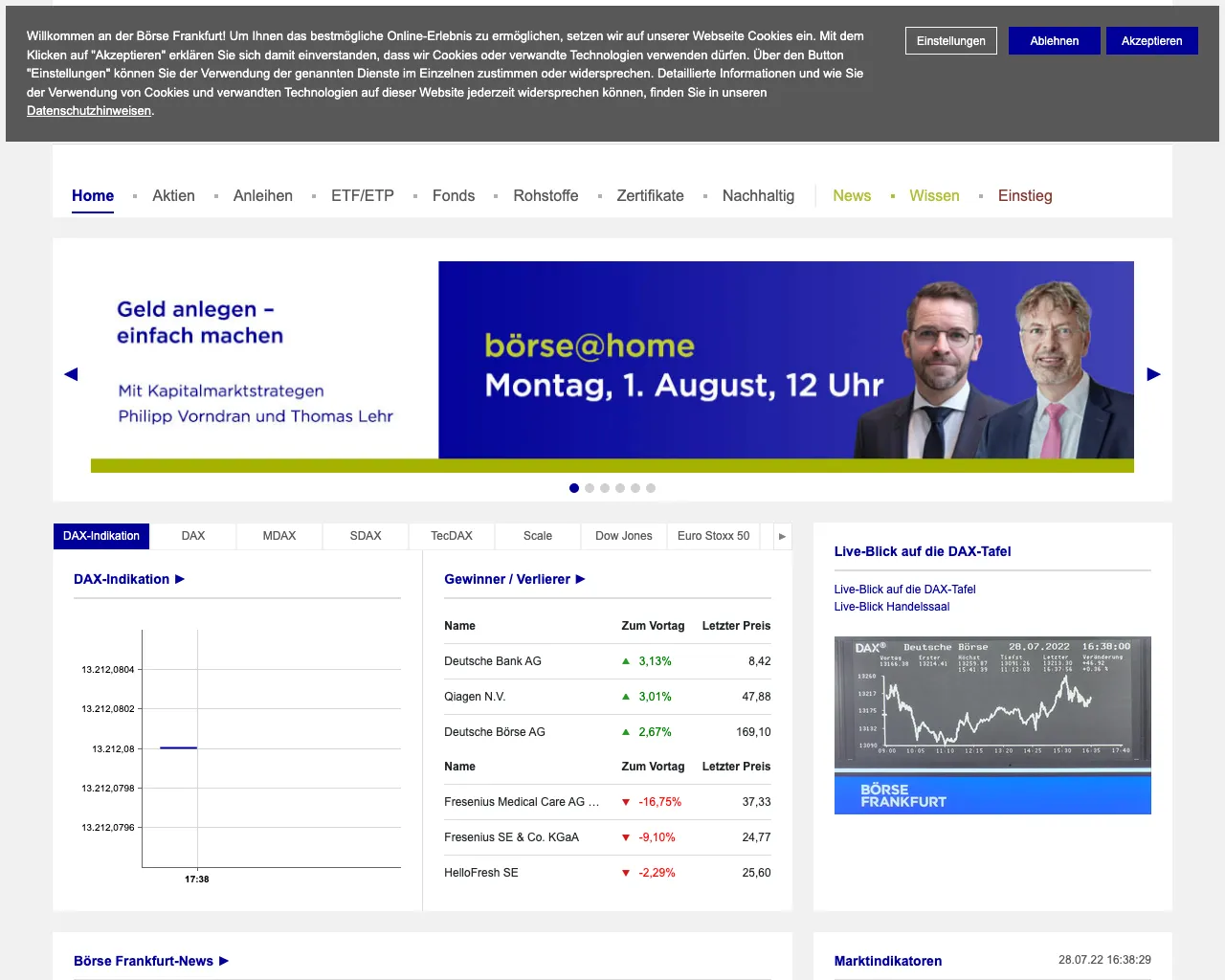 The Börse Frankfurt site with a cookie banner