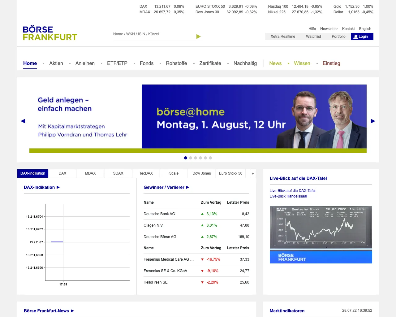 The Börse Frankfurt site without the cookie banner