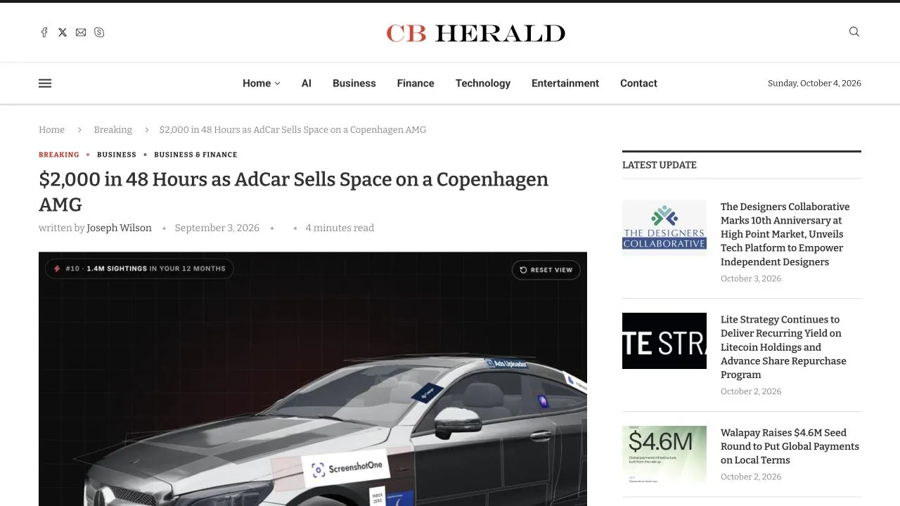 CB Herald's September 3 article about AdCar, with ScreenshotOne visible in the car preview