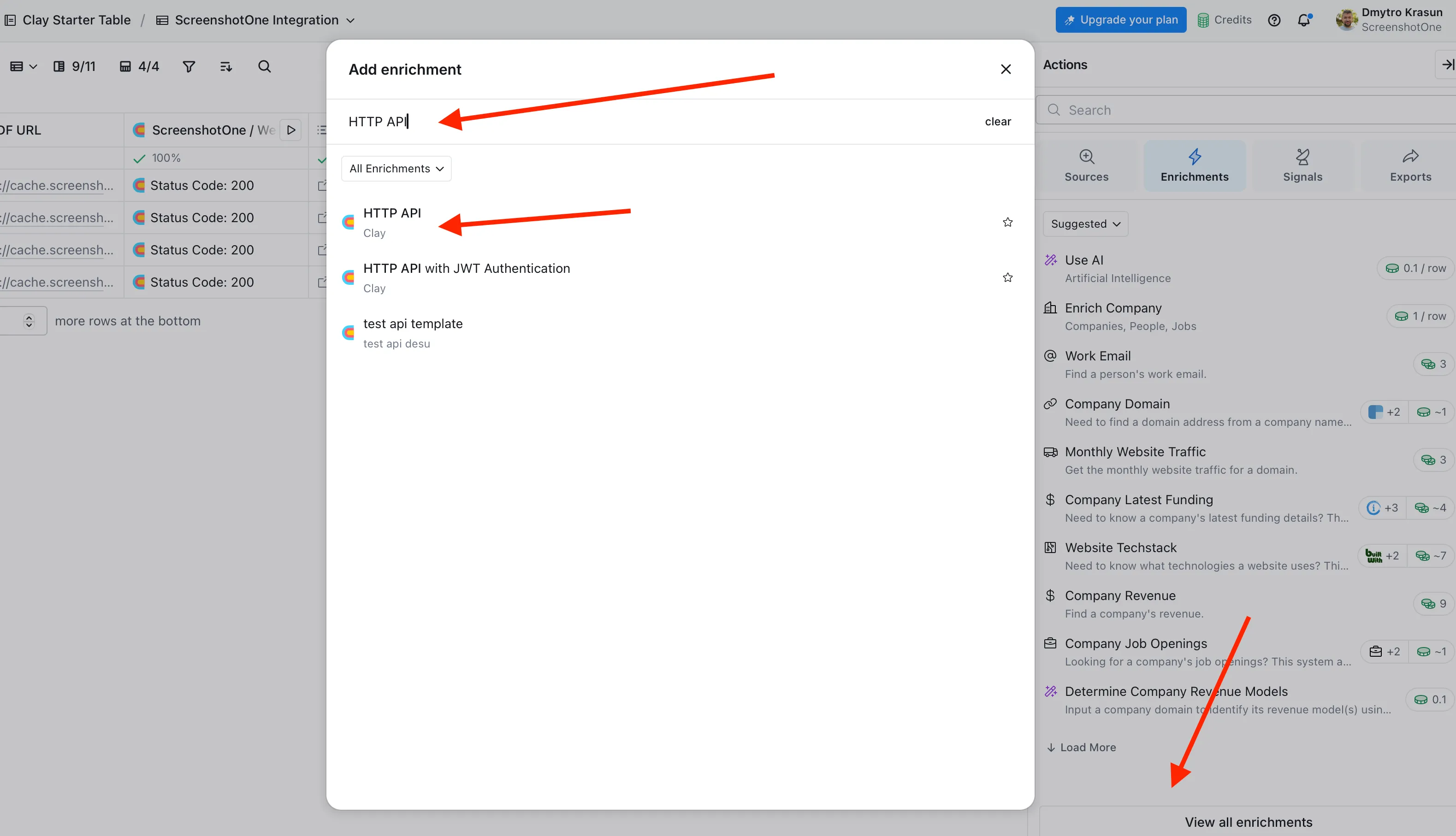 Clay / Add enrichment step and use the HTTP API type of enrichment