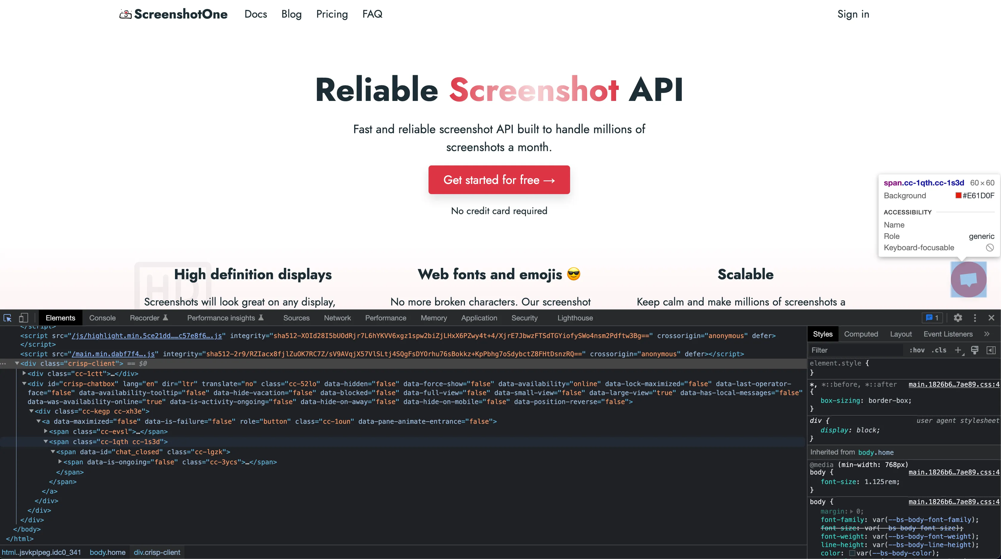 The ScreenshotOne site with Chrome DevTools