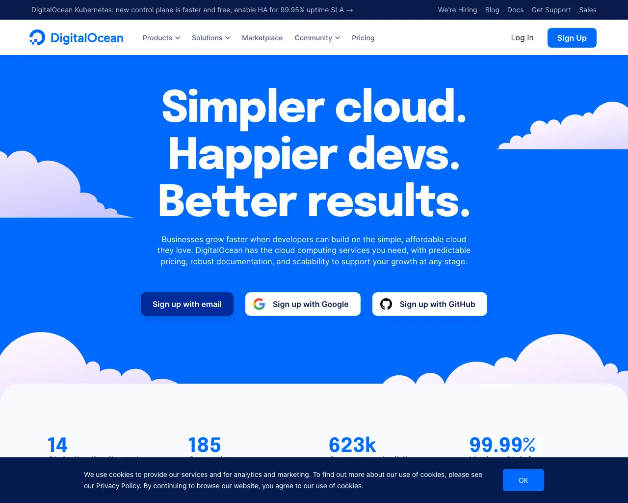 The DigitalOcean site with a cookie banner