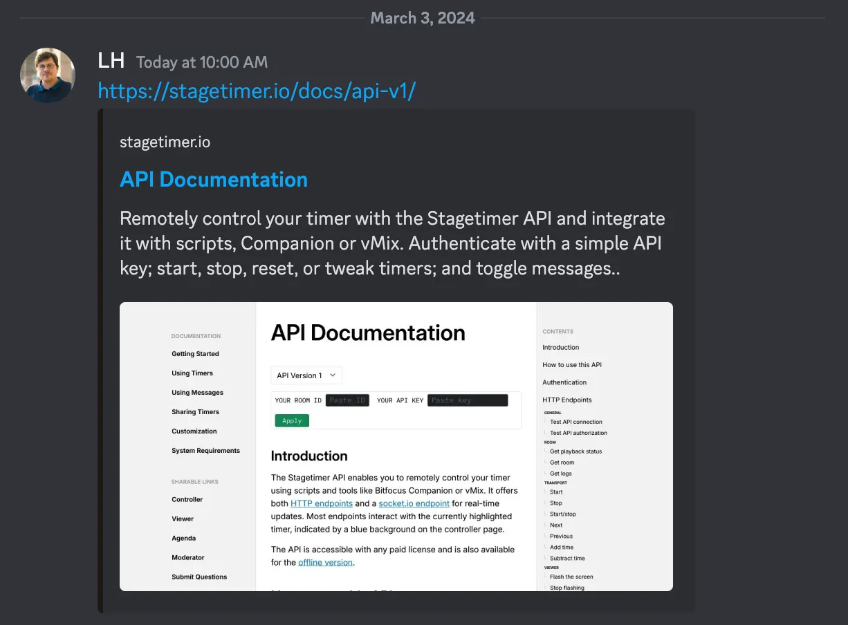 The screenshot of the Stagetimer Discord