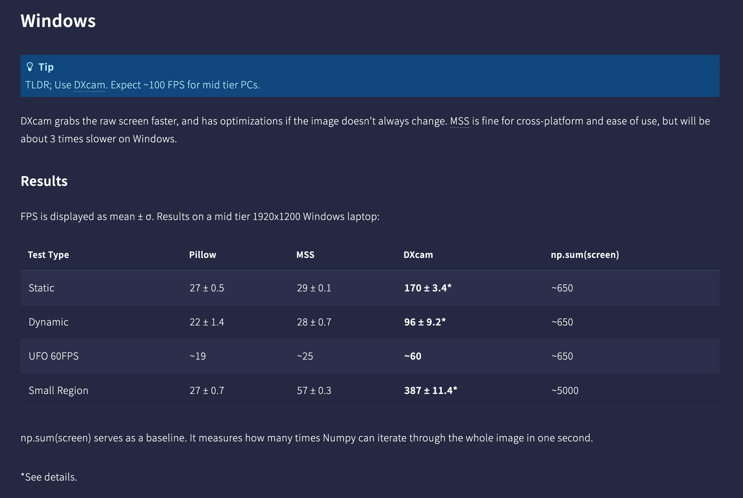 DXcam vs Python MSS performance comparison