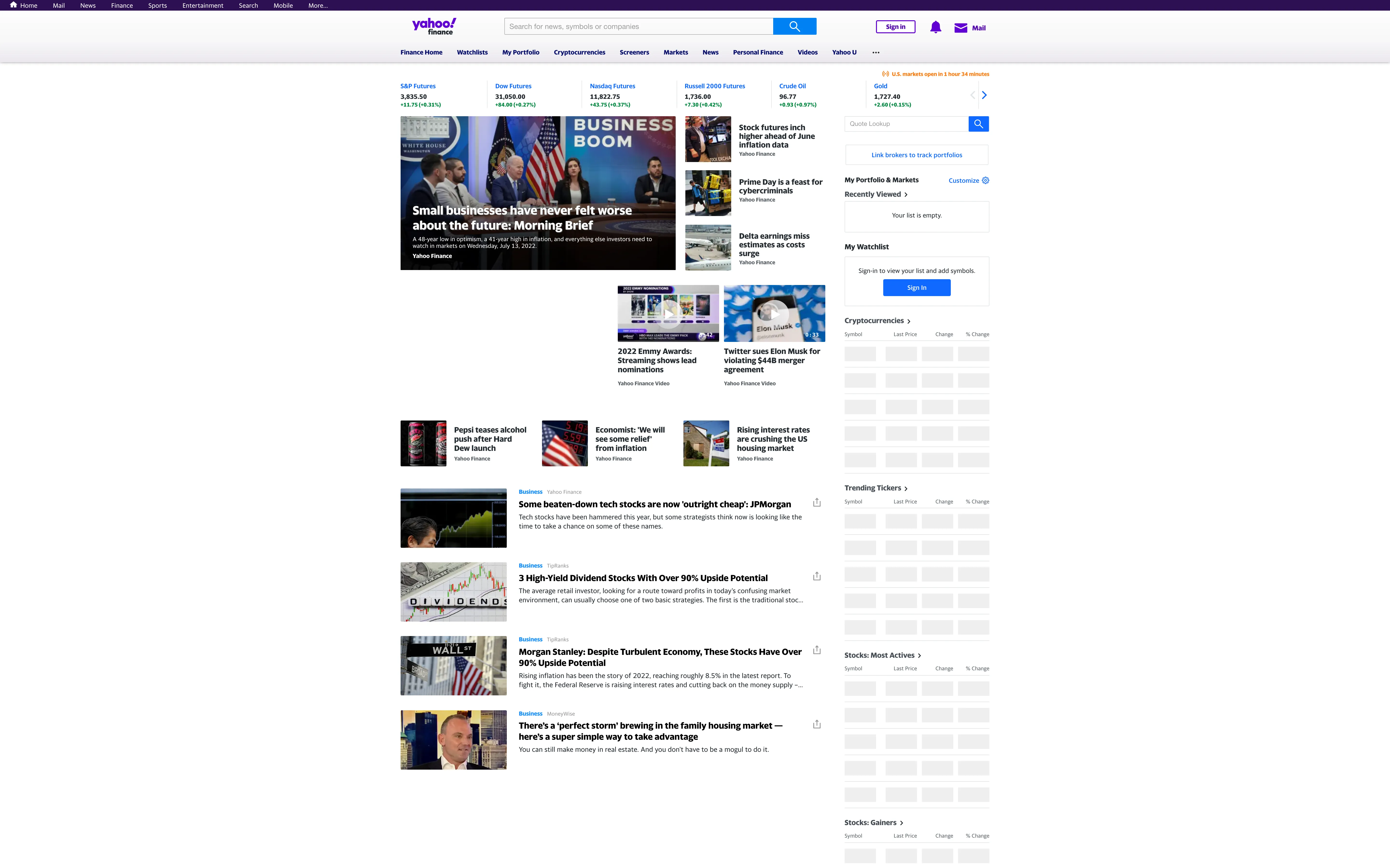 A screenshot of the Yahoo Finance homepage
