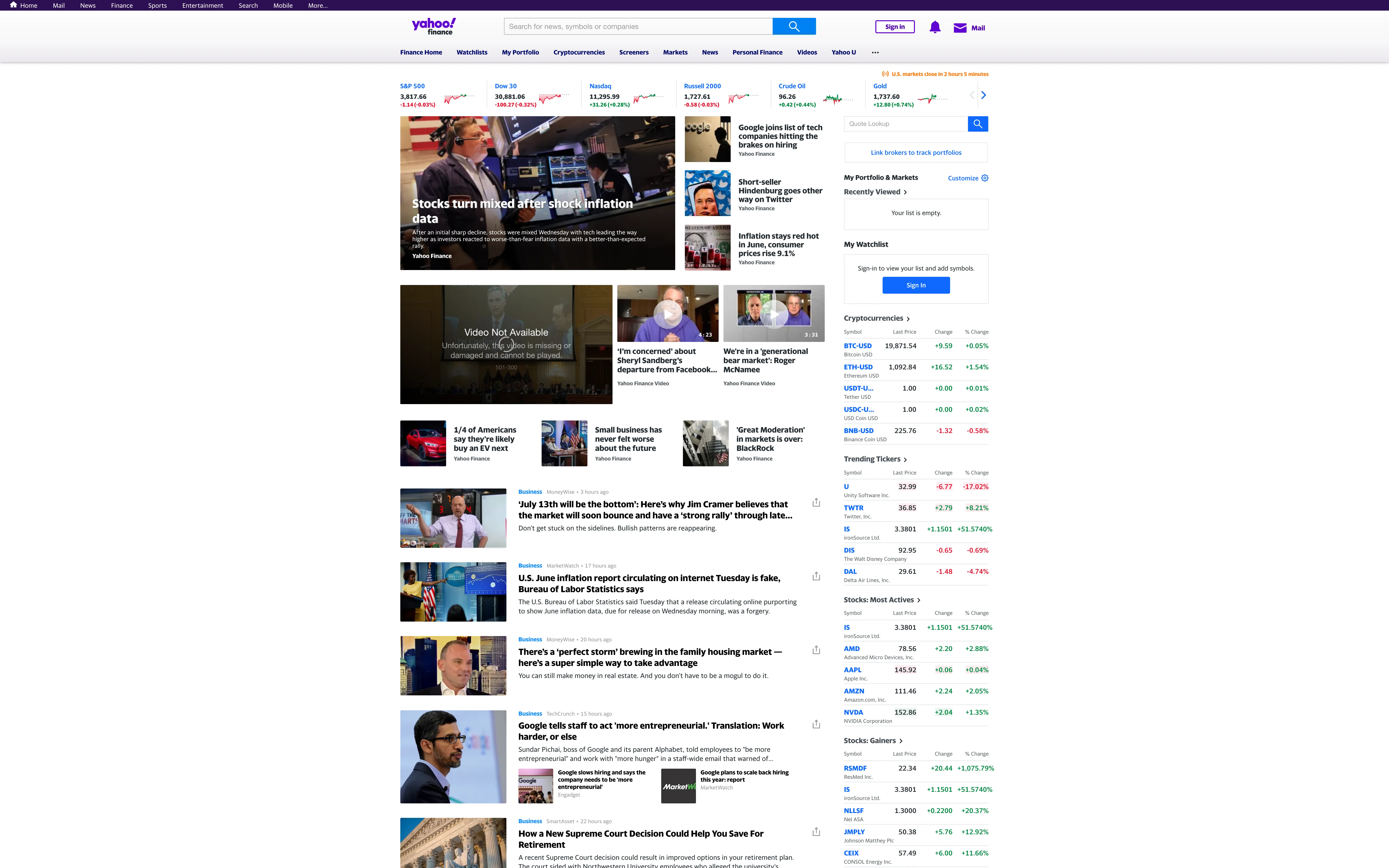 A screenshot of the Yahoo Finance homepage