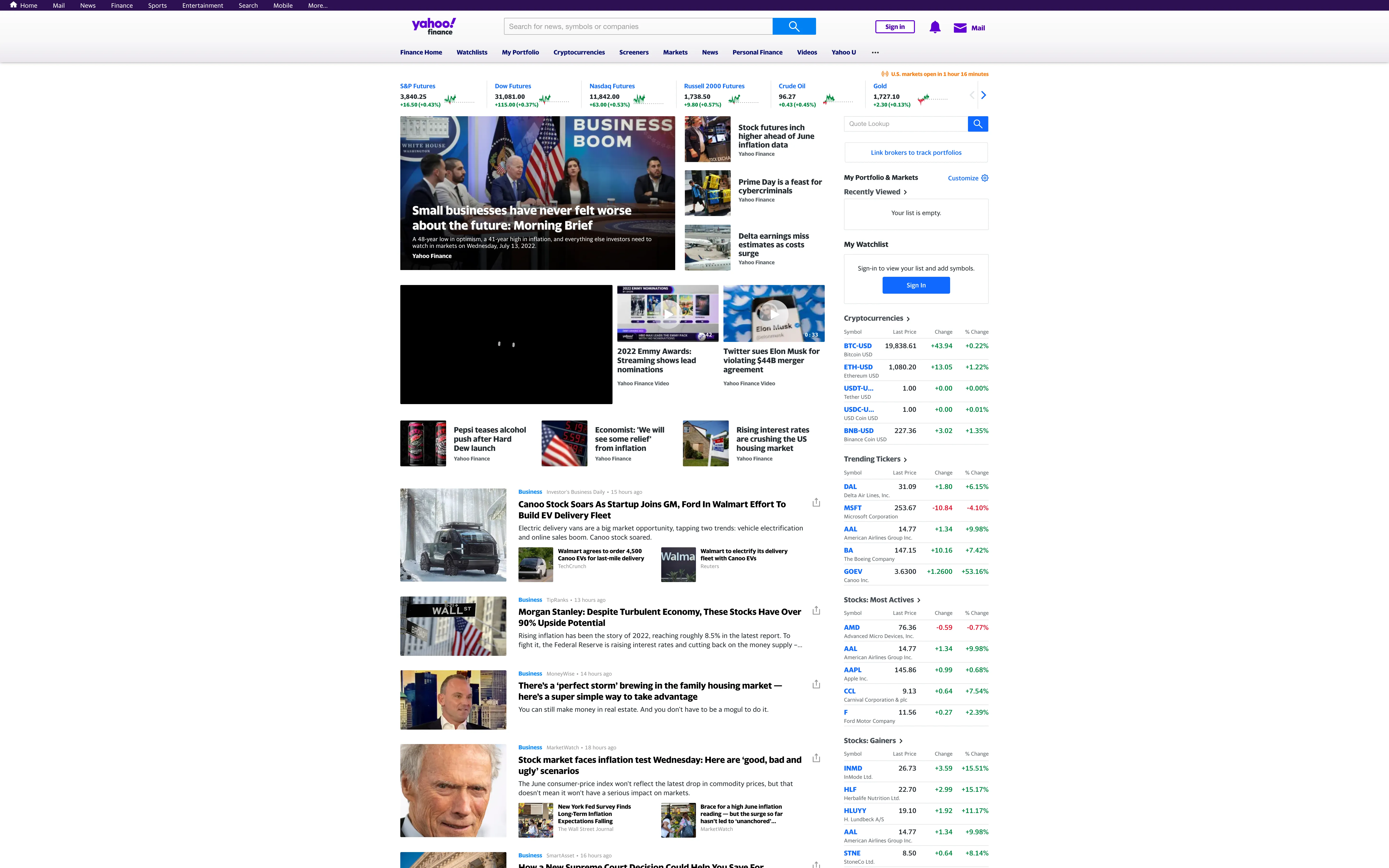 A screenshot of the Yahoo Finance homepage