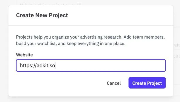 Entering a website in AdKit