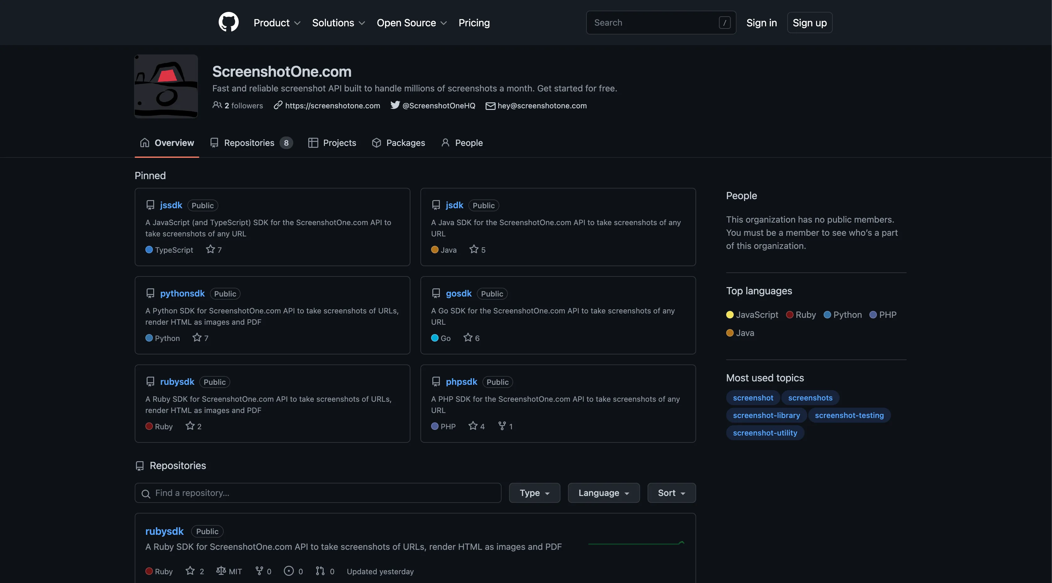 The screenshot of the ScreenshotOne GitHub page