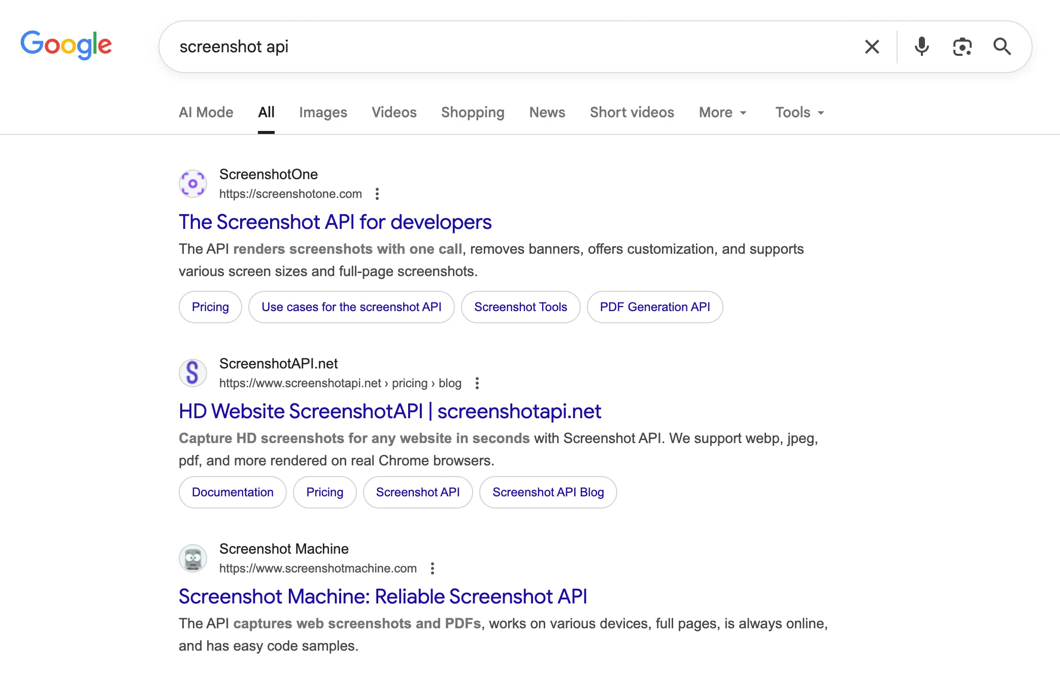 Google Search Results for the best screenshot API