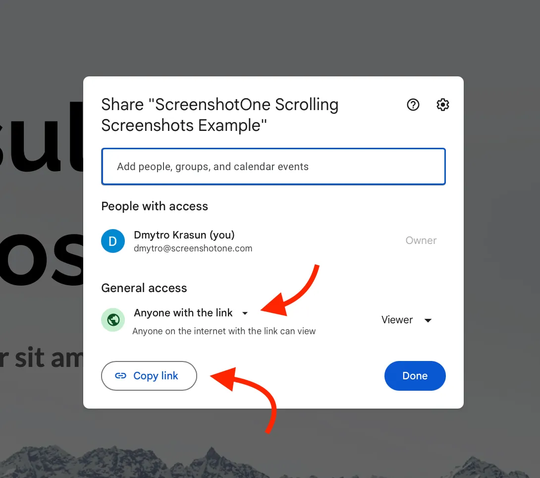 The Google Slides share settings