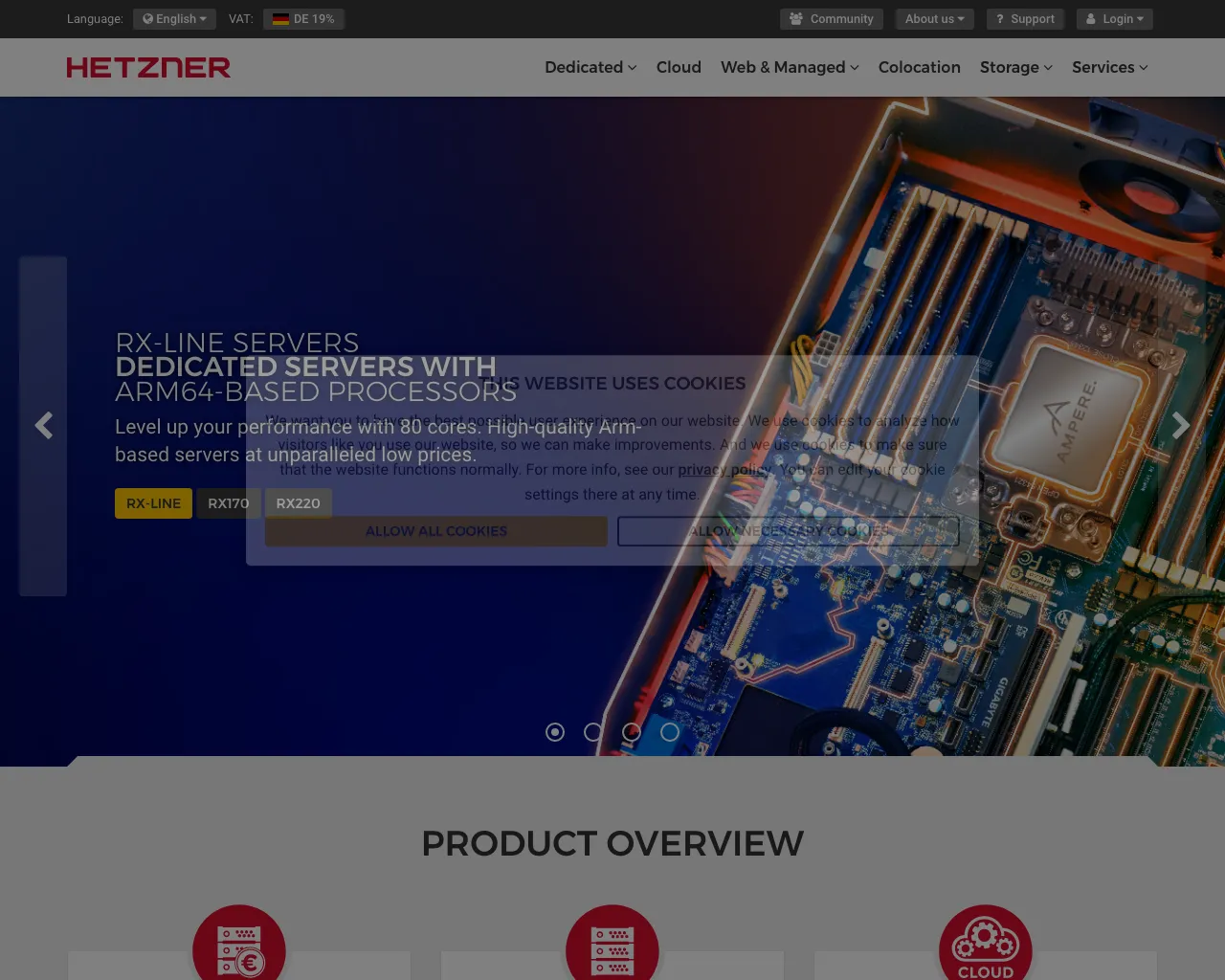 The Hetzner site with a cookie banner and overlay