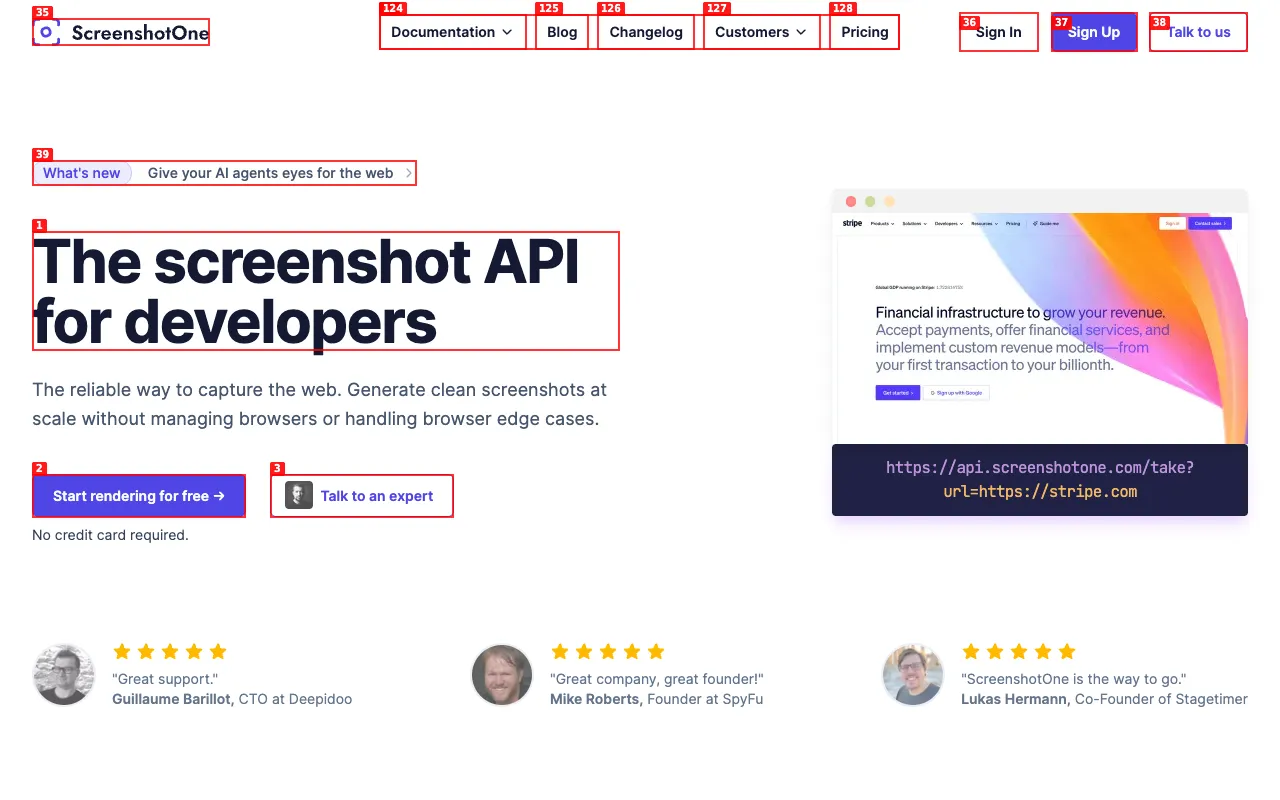 Annotated agent-browser screenshot with numbered boxes around visible elements