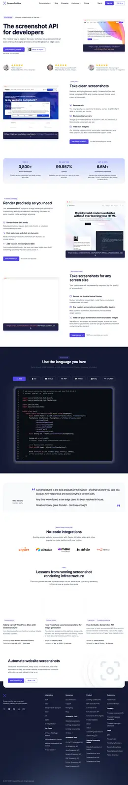 Full-page agent-browser screenshot of the ScreenshotOne homepage, from the header to the footer