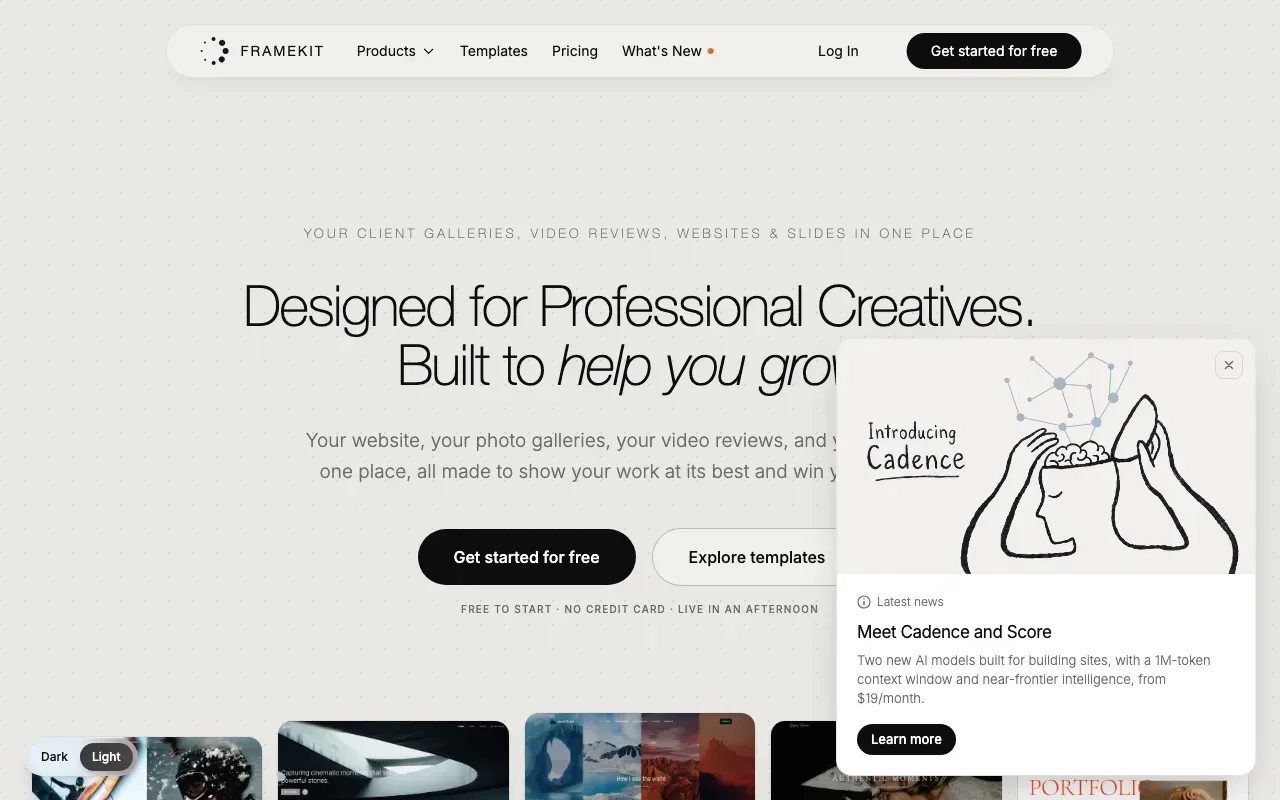 Screenshot of the Framekit home page