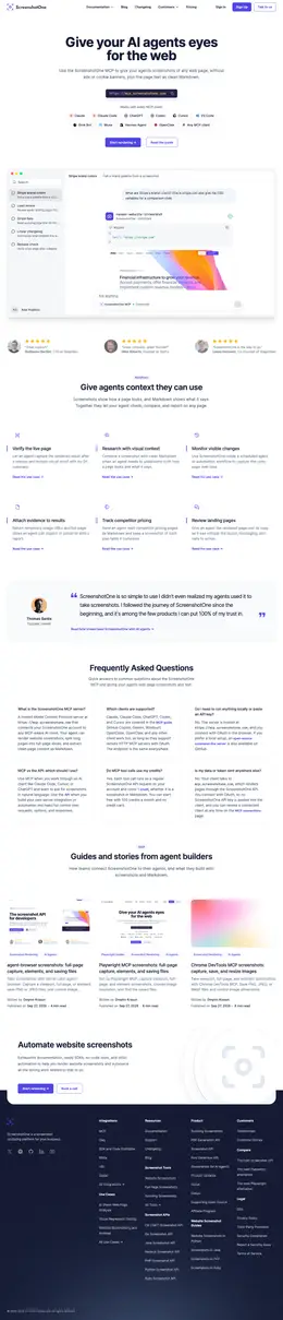 Full-page Chrome DevTools MCP screenshot of ScreenshotOne's MCP landing page