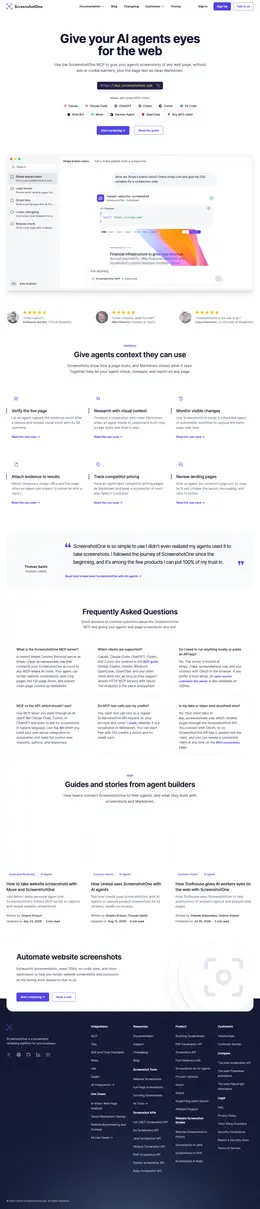 Full-page screenshot of the ScreenshotOne MCP page, including sections below the viewport