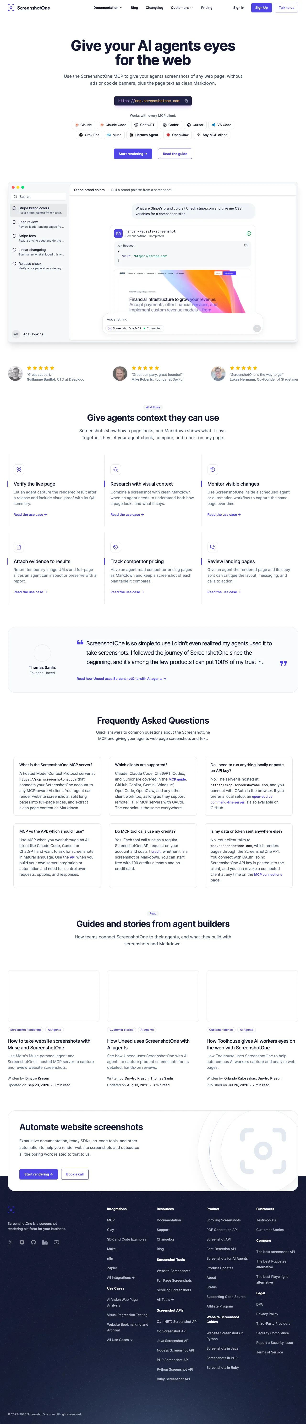 Full-page screenshot of the ScreenshotOne MCP page, including sections below the viewport