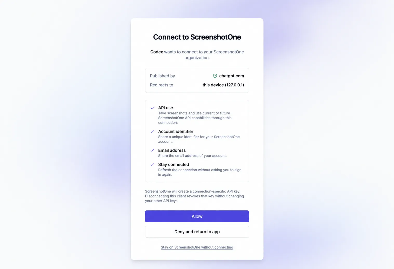 ScreenshotOne MCP connection screen showing the publisher, callback destination, permissions, and approval controls.