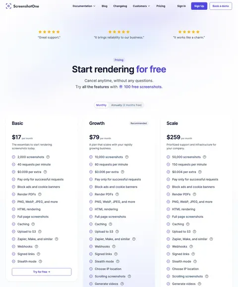 Slice 1 of the ScreenshotOne pricing page