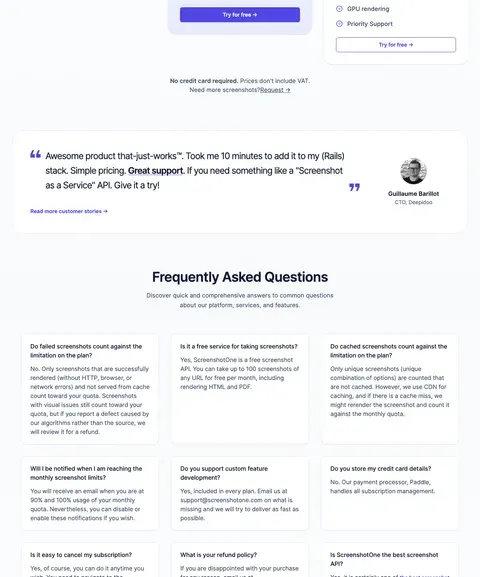 Slice 2 of the ScreenshotOne pricing page