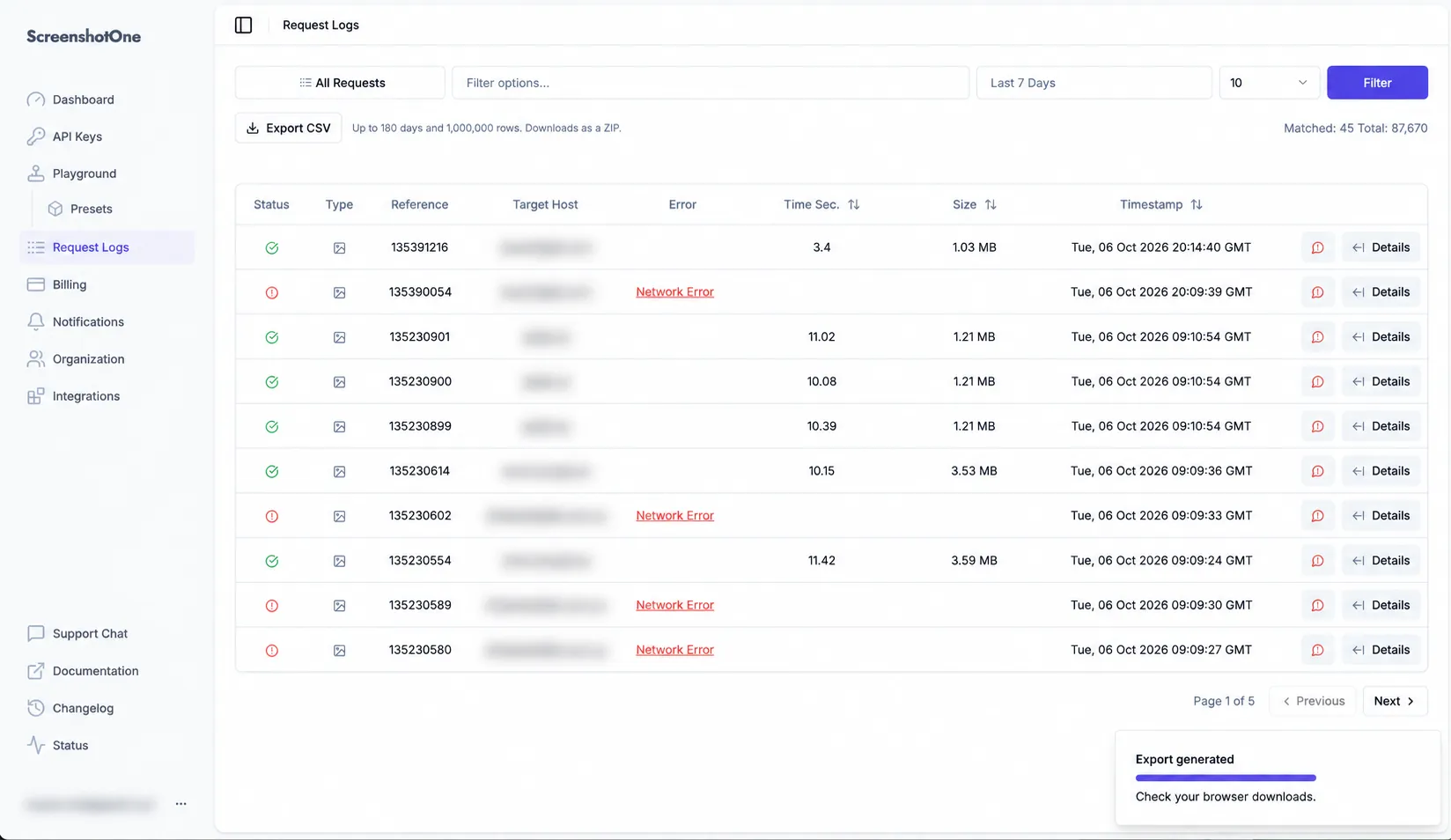 Request Logs showing the Export CSV button and an export completion message, with email and target hosts blurred.