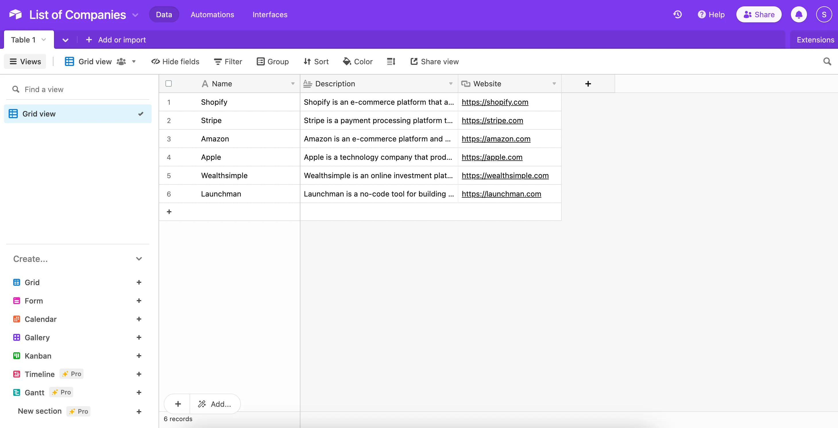 Sample Airtable data