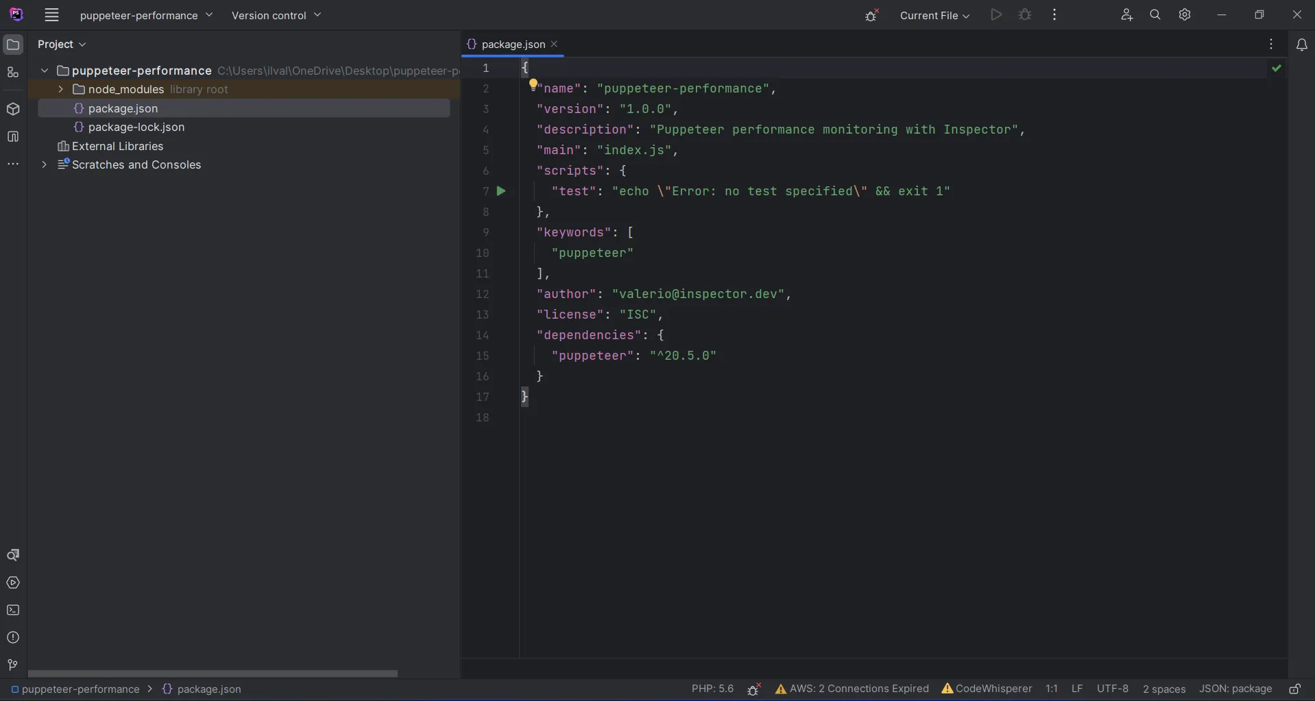 Generated package.json file for the Puppeteer performance project