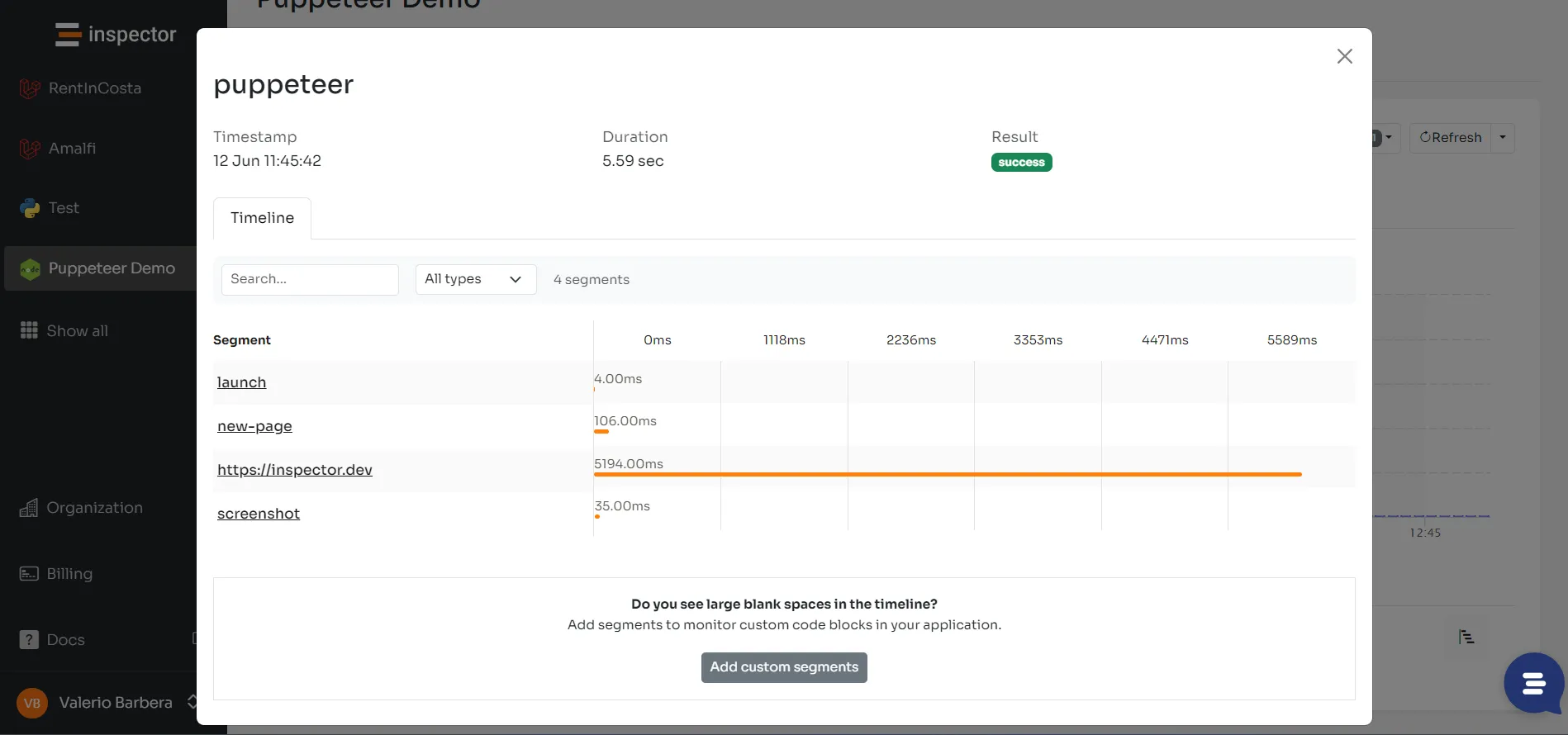 Inspector execution details showing URL navigation as the most impactful task