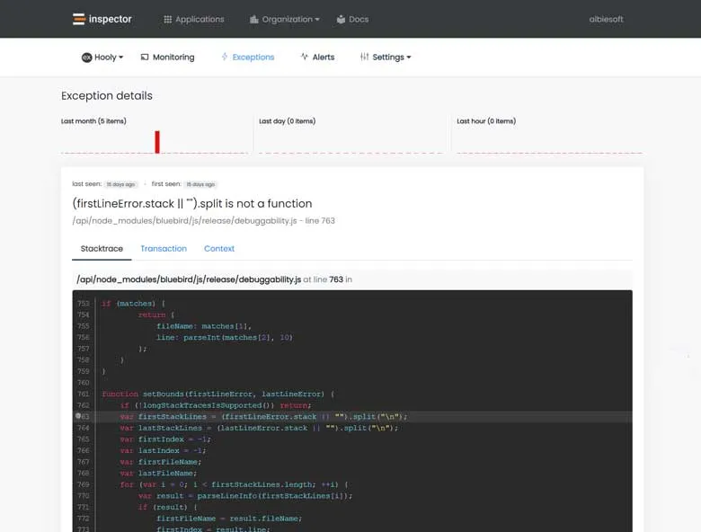 Inspector exception report showing runtime error details and a stack trace