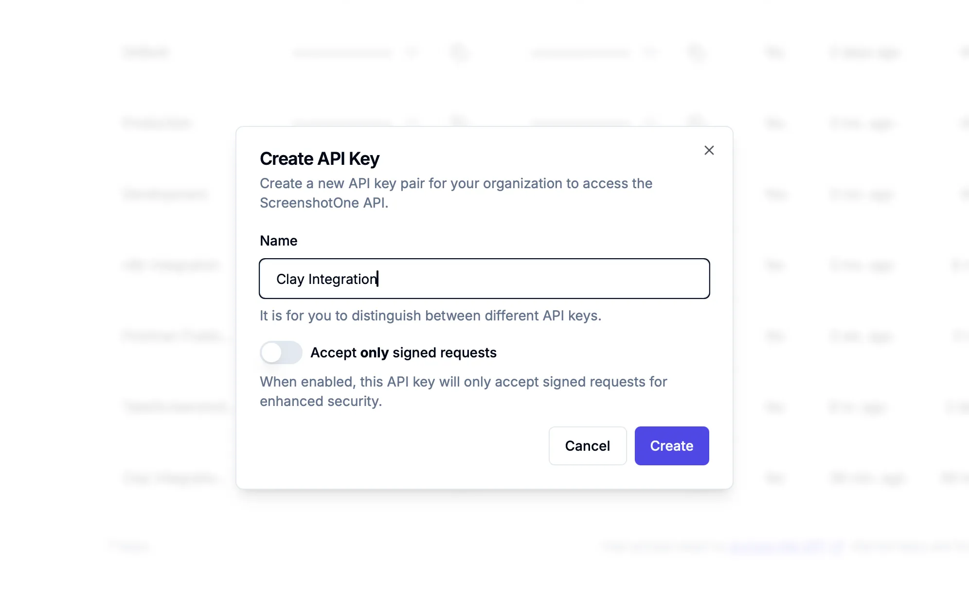 ScreenshotOne / Name the API key