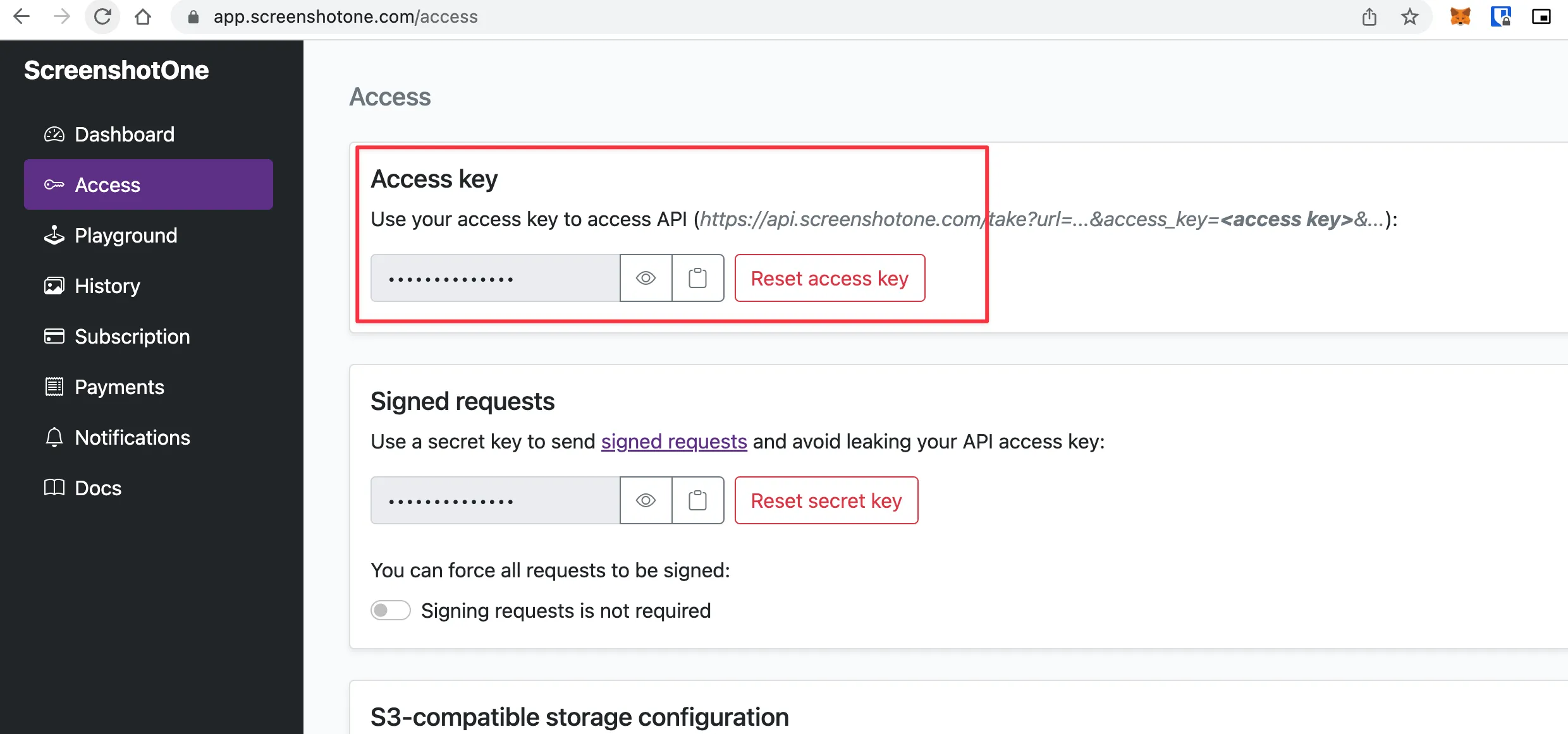Copy Access Key from ScreenshotOne