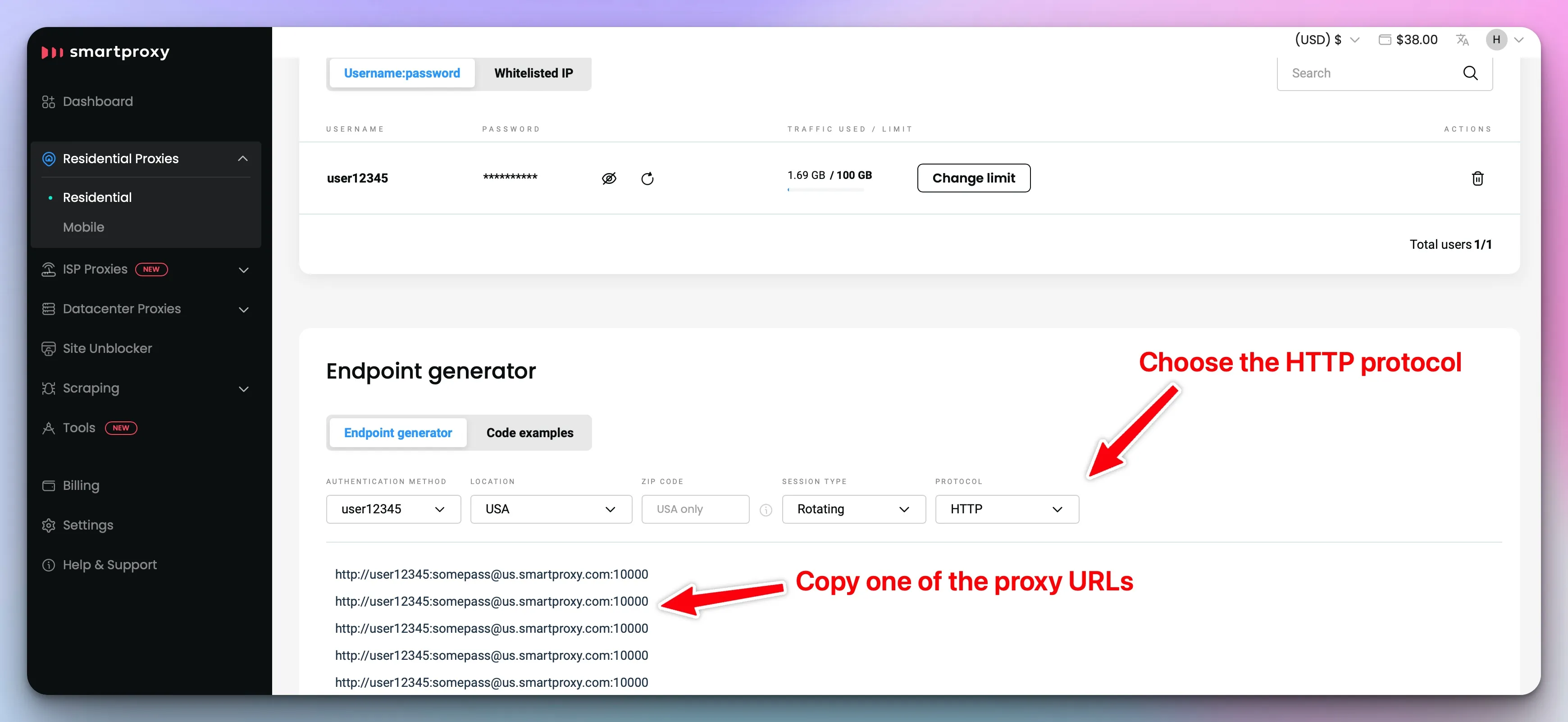 An example of picking the HTTP proxy endpoint in Smartproxy