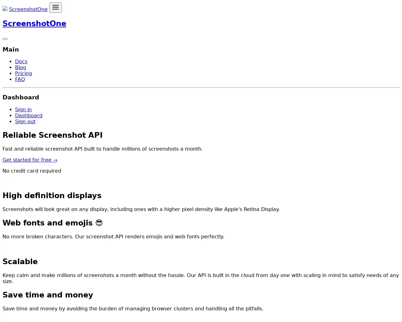 A screenshot of the ScreenshotOne landing page site taken by screenshot
API
